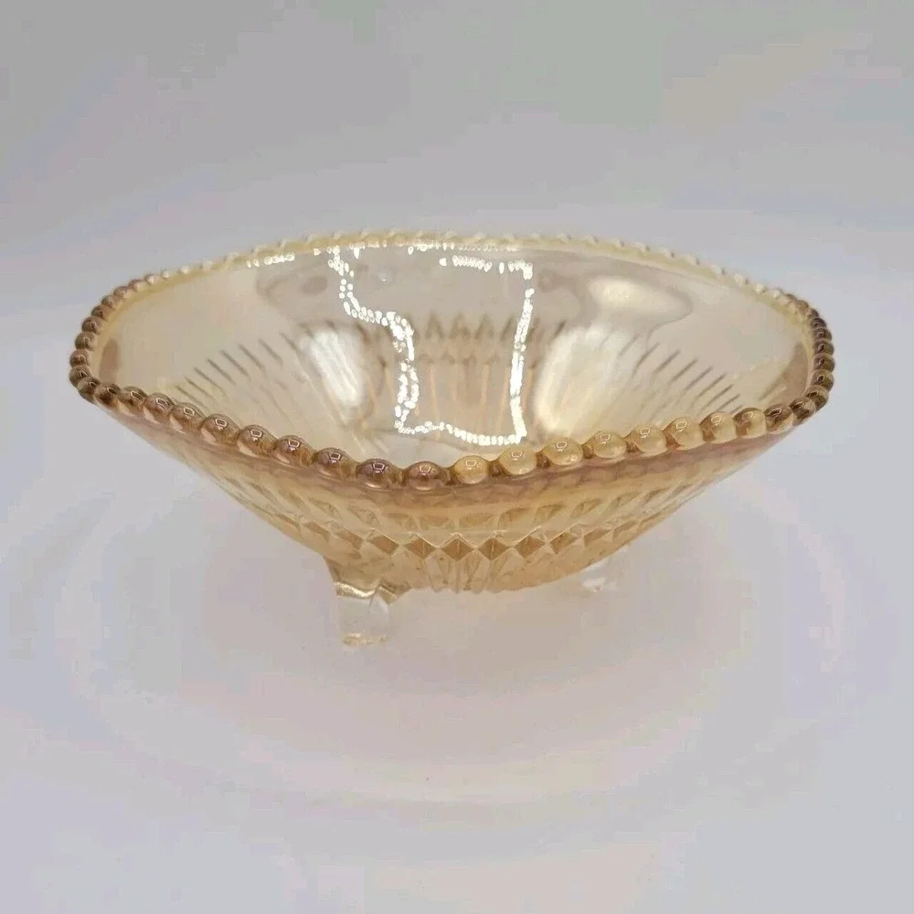 Vintage Jeanette Carnival Glass Amber 3 Footed Candy Dish Trinket Collectible‎